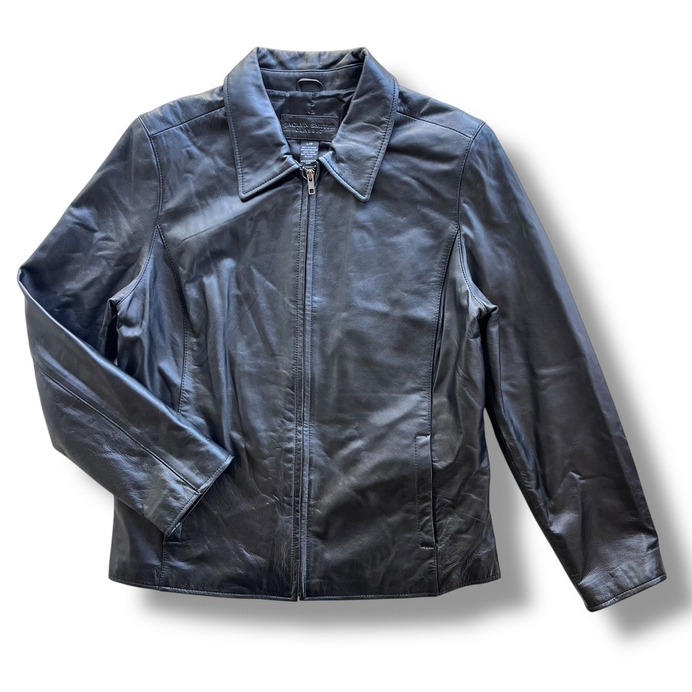 Jaclyn Smith Classic L Black Leather Full Zip Collar Buckle Moto Jacket Y2K VTG.